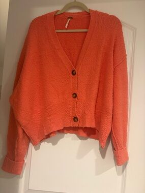 Free People Bright Coral Button Front Cropped Cardigan